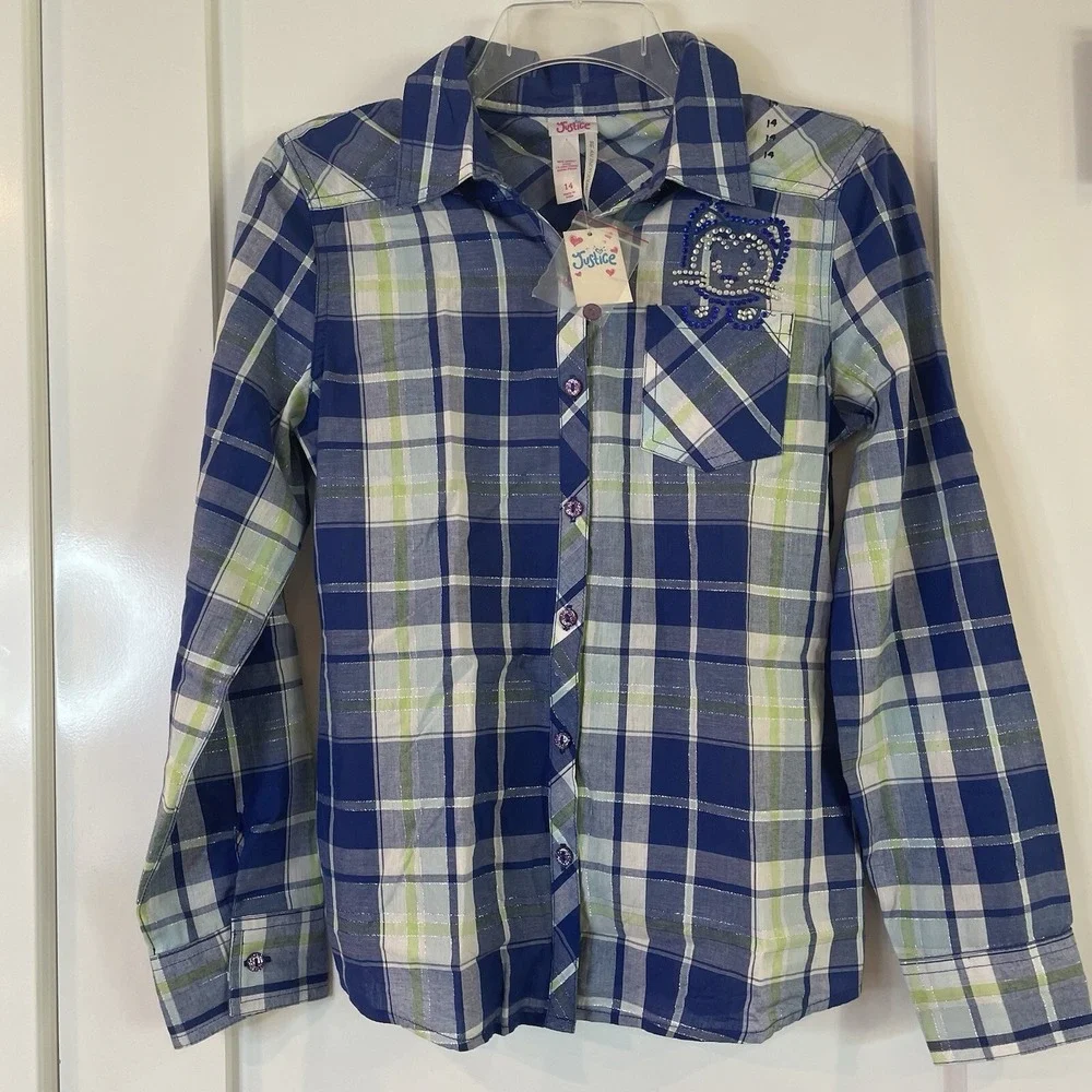 NWT Girls Shirt Top Blue‎ Plaid Roll Tab Long 3/4 Sleeve Cowgirl Cottage Prairie